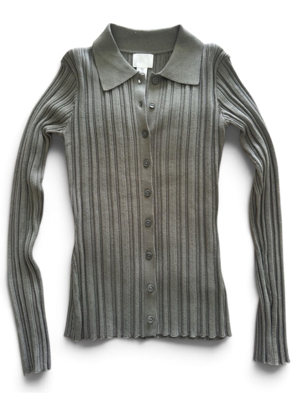 H&M Dark Olive Green Ribbed Button-Front Collared Long Sleeve Cardigan Size S